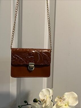 NWT Patricia Nash Women's Brown Embossed Leather Crossbody Bag with Chain Strap